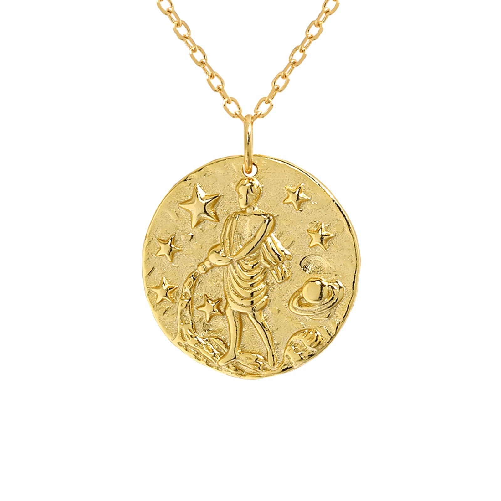 Collier signe astrologique Verseau en plaqué or 18 carats avec pendentif rond gravé d’un verseau entouré d’étoiles et planètes, bijou élégant et raffiné pour femme. Idée cadeau.
